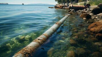 Contaminated water concept, Dirty water flows from the pipe into the river, sea, Water pollution, environment contamination, AI Generative photo