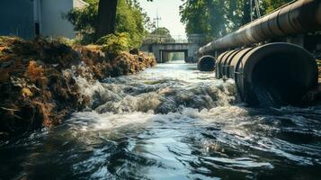 Contaminated water concept, Dirty water flows from the pipe into the river, Water pollution, environment contamination, AI Generative photo