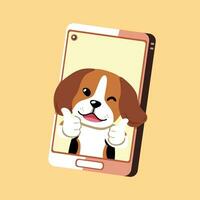 Vector cartoon character beagle dog and smartphone
