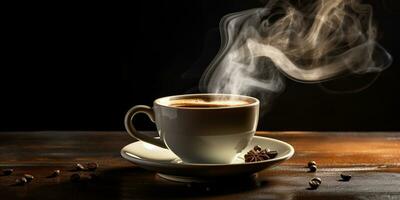 refrescante taza de caliente café en un mesa aislado en negro fondo, Copiar espacio, acogedor calentar ánimo, ai generativo foto