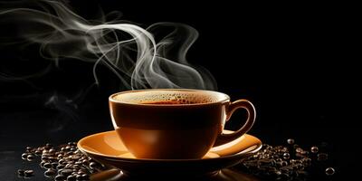 Refreshing Cup of hot Coffee on a table isolated on black background, copy space, cozy warm mood, AI Generative photo