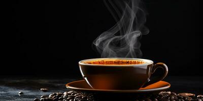 Refreshing Cup of hot Coffee on a table isolated on black background, copy space, cozy warm mood, AI Generative photo