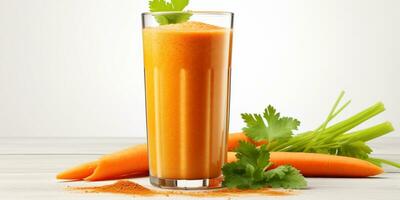 close up of Fresh Carrot Juice with vegetables, isolated on white background, copy space, AI Generative photo