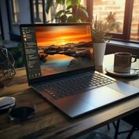 A sleek and modern laptop, with a metallic finish and a backlit keyboard, colorful landscape background on screen, AI Generated photo