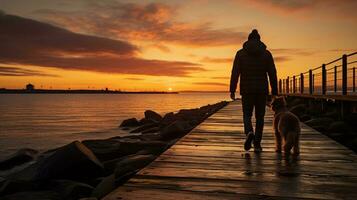 fotografía-silueta de un hombre caminando su perro en el muelle, dorado hora, ai generado foto