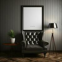 Modern simple man-cave with one picture frame on the wall, living room, photorealistic, AI Generated photo