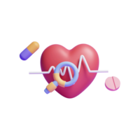 3D-menschliches rotes Herz mit Pulslinie mit Suchleiste und medizinischen Stapeln oder 3D-Symbol für medizinische Geräte png