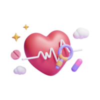 3D-menschliches rotes Herz mit Pulslinie mit Suchleiste und medizinischen Stapeln oder 3D-Symbol für medizinische Geräte png