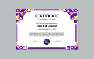 certificate template in purple color and modern style for award. vector