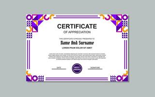 certificate template in purple color and modern style for award. vector