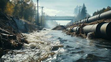 Contaminated water concept, Dirty water flows from the pipe into the river, Water pollution, environment contamination, AI Generative photo