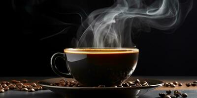 Refreshing Cup of hot Coffee on a table isolated on black background, copy space, cozy warm mood, AI Generative photo