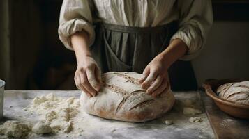 Generative AI, baker prepares bread or bakery at the home kitchen, ecologically natural pastries. photo