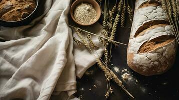 Generative AI, baker prepares bread or bakery at the home kitchen, ecologically natural pastries. photo