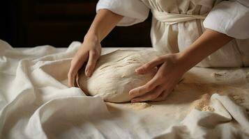 Generative AI, baker prepares bread or bakery at the home kitchen, ecologically natural pastries. photo