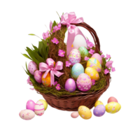 Happy Easter day colorful eggs in basket with flowers ai generative png