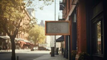 Generative AI, coffee shop street signboard mock up for logo design, brand presentation, aesthetic muted neutral colors, on the wall outdoor photo