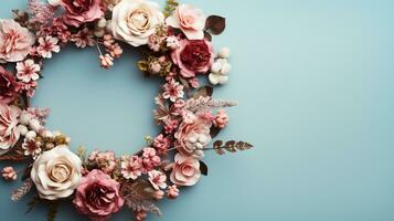 Top view of Blooming colorful wreath flowers and petals isolated on pastel table background, Floral frame composition, copy space, flat lay, AI Generative photo