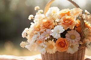 Beautiful basket of flower, copy space, Isolate Concept Valentine's Day, Mother's Day. Holiday gift, AI Generated photo