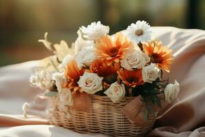 Beautiful basket of flower, copy space, Isolate Concept Valentine's Day, Mother's Day. Holiday gift, AI Generated photo