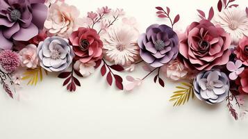 Top view of Blooming colorful flowers and petals isolated on table background, Floral frame composition, copy space, flat lay, AI Generative photo