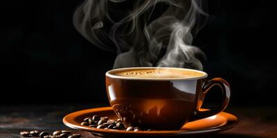 Refreshing Cup of hot Coffee on a table isolated on black background, copy space, cozy warm mood, AI Generative photo