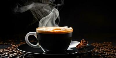 Refreshing Cup of hot Coffee on a table isolated on black background, copy space, cozy warm mood, AI Generative photo