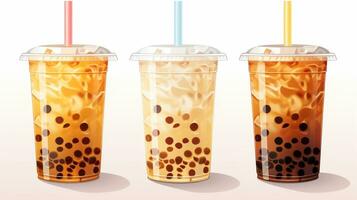 Set of Bubble milk tea drink design, Boba milk tea, taiwanese asian menu, Delicious sweet bubble tea cup with straw, AI Generative photo