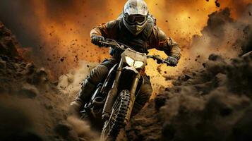 un motociclista en un motocicleta con rapidez paseos mediante el suciedad y polvo en el pista durante un motocross competencia foto