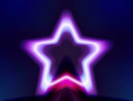 Abstract Neon Star stage. Electric Frame. 3d Retro Light Starry Signboard With Glowing Neon Effect. Techno Glowing Frame On Dark Blue Backdrop. Vector