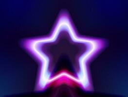 Abstract Neon Star stage. Electric Frame. 3d Retro Light Starry Signboard With Glowing Neon Effect. Techno Glowing Frame On Dark Blue Backdrop. Vector