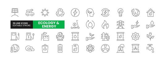 Set of 36 Energy Ecology line icons set. Energy Ecology outline icons with editable stroke collection. Includes Eco Home, Nuclear Energy, Power Plant, Solar Energy and More. vector