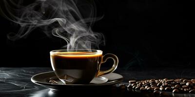 Refreshing Cup of hot Coffee on a table isolated on black background, copy space, cozy warm mood, AI Generative photo