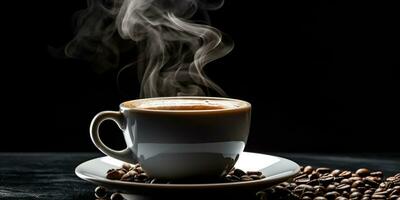 Refreshing Cup of hot Coffee on a table isolated on black background, copy space, cozy warm mood, AI Generative photo