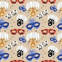 Seamless pattern with caranval masks. Vector illustration in hand drawn style.