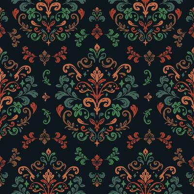 Colorful Damask Seamless Vintage Pattern. Elegant Design in Royal Baroque Style Background Texture. Floral and Swirl Element. Blue, Orange, Green, Brown Colors. Ideal for Textile Print and Wallpapers.