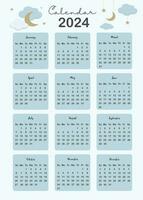 2024 table calendar week start on Sunday with moon that use for vertical digital and printable A4 A5 size vector