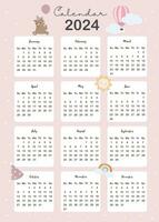 2024 table calendar week start on Sunday with cartoon that use for vertical digital and printable A4 A5 size vector