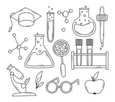 Set of science elements in doodle style. Linear collection of scientific elements test tube, beaker, magnifier, microscope, pipette. Vector illustration.