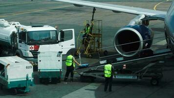 Workers getting luggage from airplane video