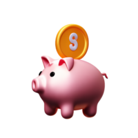 cute piggy bank with dropping coin 3d render icon png