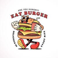 Cartoon burger mascot walking while carrying a drink. Perfect for logos, mascots, t-shirts, stickers and posters vector