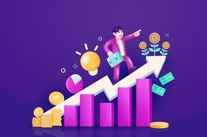 Bar graph chart with elements of people riding a bar graph chart, money growth and lights. 3d vector, suitable for investment, money growth and business concept vector