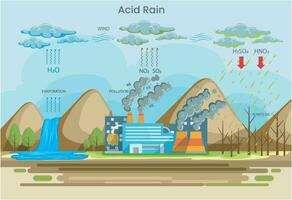 Acid rain is the harmful precipitation due to air pollution, damages ecosystems and infrastructure vector