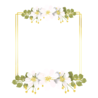 Geometrical golden frame with watercolor white flower on transparent background png