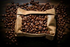 Coffee bag wrapped in coffee beans, Generative Ai photo