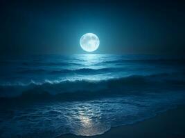 Tranquil Night Seascape with Sparkling Waters and Reflective Moon, Ai Generative photo