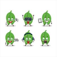 Peas cartoon character are playing games with various cute emoticons vector