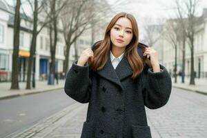 hermosa mujer en un Saco en el calle. Pro foto