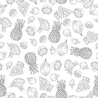 Seamless doodle pattern with fruits, strawberries, coconuts, mangosteene and grapes. vector